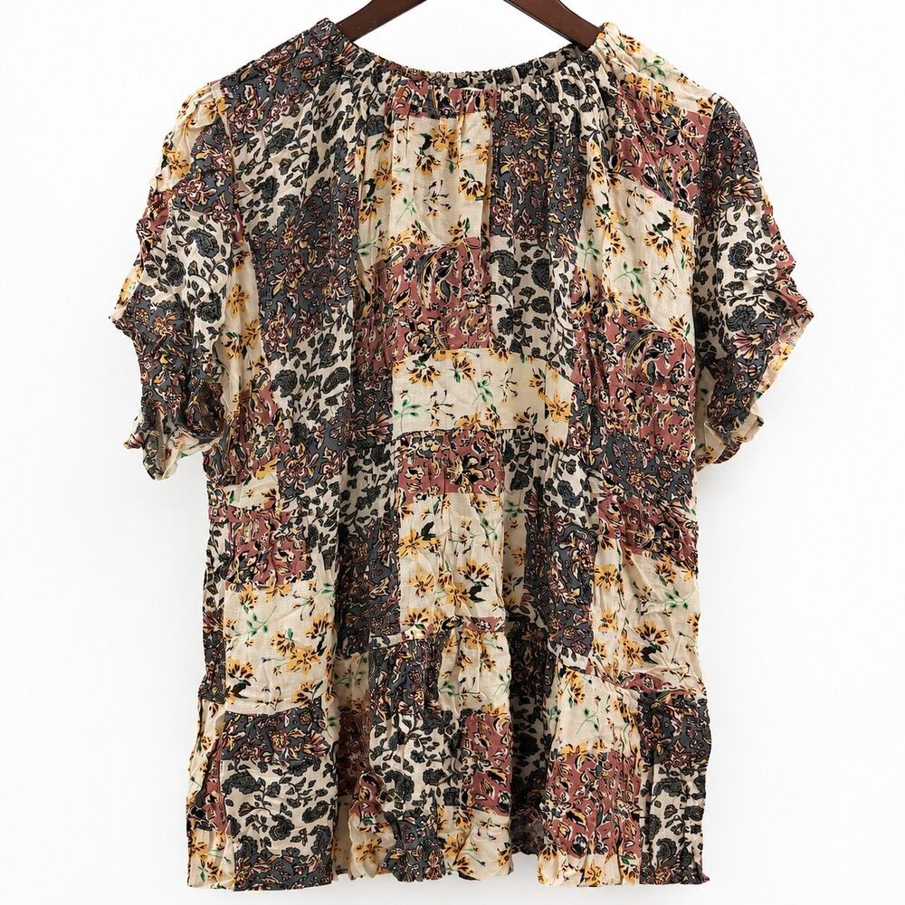 POL Women’s M Boho Patchwork Floral Tunic Top Rayon Crochet Ruffle Cottagecore